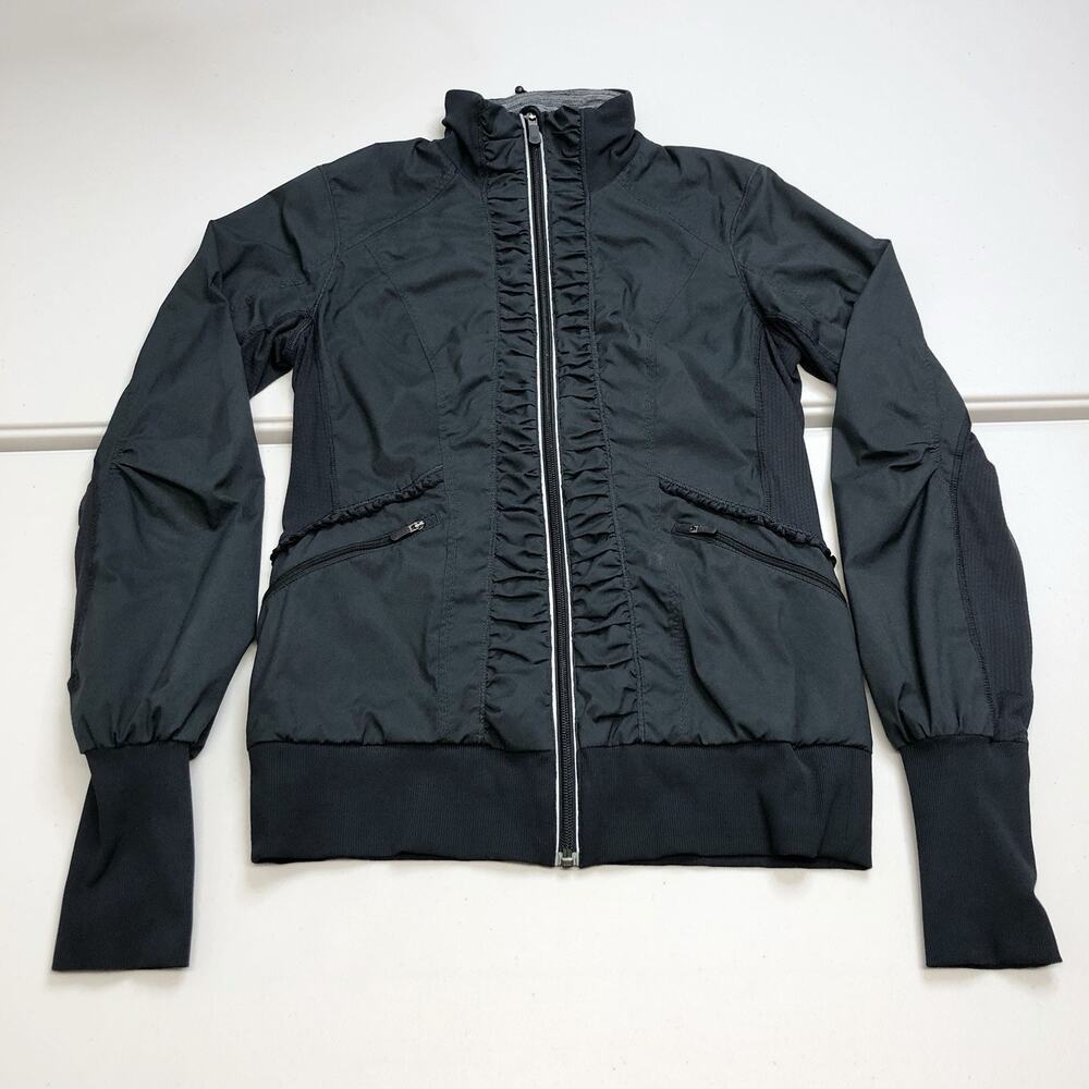 Lululemon Womens Run Back On Track Jacket Sz 6 Black Full Zip Hooded Ruched